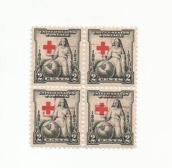 702 RED CROSS w UNUSUAL EXTRA CROSS ADDED. BLOCK OF FOUR. NO HINGE ORIGINAL GUM 