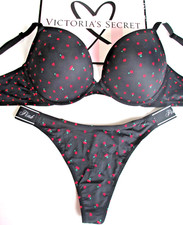 VICTORIA'S SECRET PINK Super Push-Up Bra  Panty Set VS Black Red Cherry 34B 34C