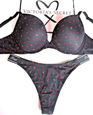 VICTORIA'S SECRET PINK Super Push-Up Bra & Panty Set VS Black Red