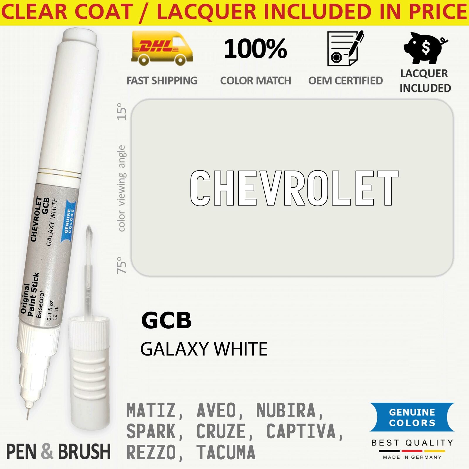 GCB Touch Up Paint for Chevrolet White MATIZ AVEO NUBIRA SPARK CRUZE CAPTIVA REZ