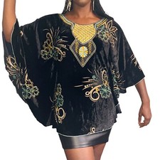 Black Velvet Women Caftan Butterfly Blouse with Rhinestones