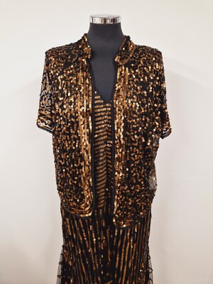 Berkatex schwarz gold Pailletten Outfit Kleid Größe 18 Midi Bolero 2 Stück V-Ausschnitt neu mit Etikett