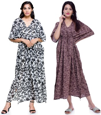 Indian Cotton Women Black Brown Kaftan Tunic Gown Beach Dress Cocktail Maxi 2 PC