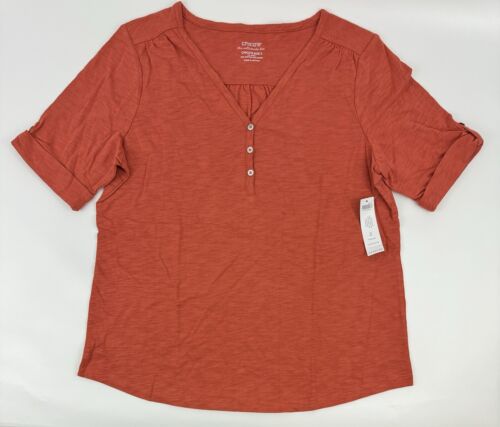 NEW Chico’s Cotton Elbow Henley Tee Top Short Sleeve Sz L 2 Canyon Red Women’s