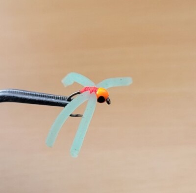 3 Barbless Red Body UV SQUIRMY Spider Worm Fliegen ORANGE HEAD Forellenangeln #10