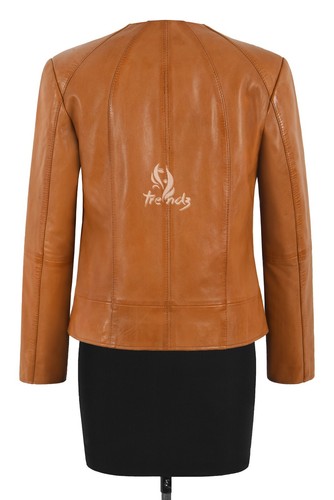 Women's Tan Leather Jacket Biker Collarless Slim Fit Fashion Designer Dua Lipa - Picture 7 of 10