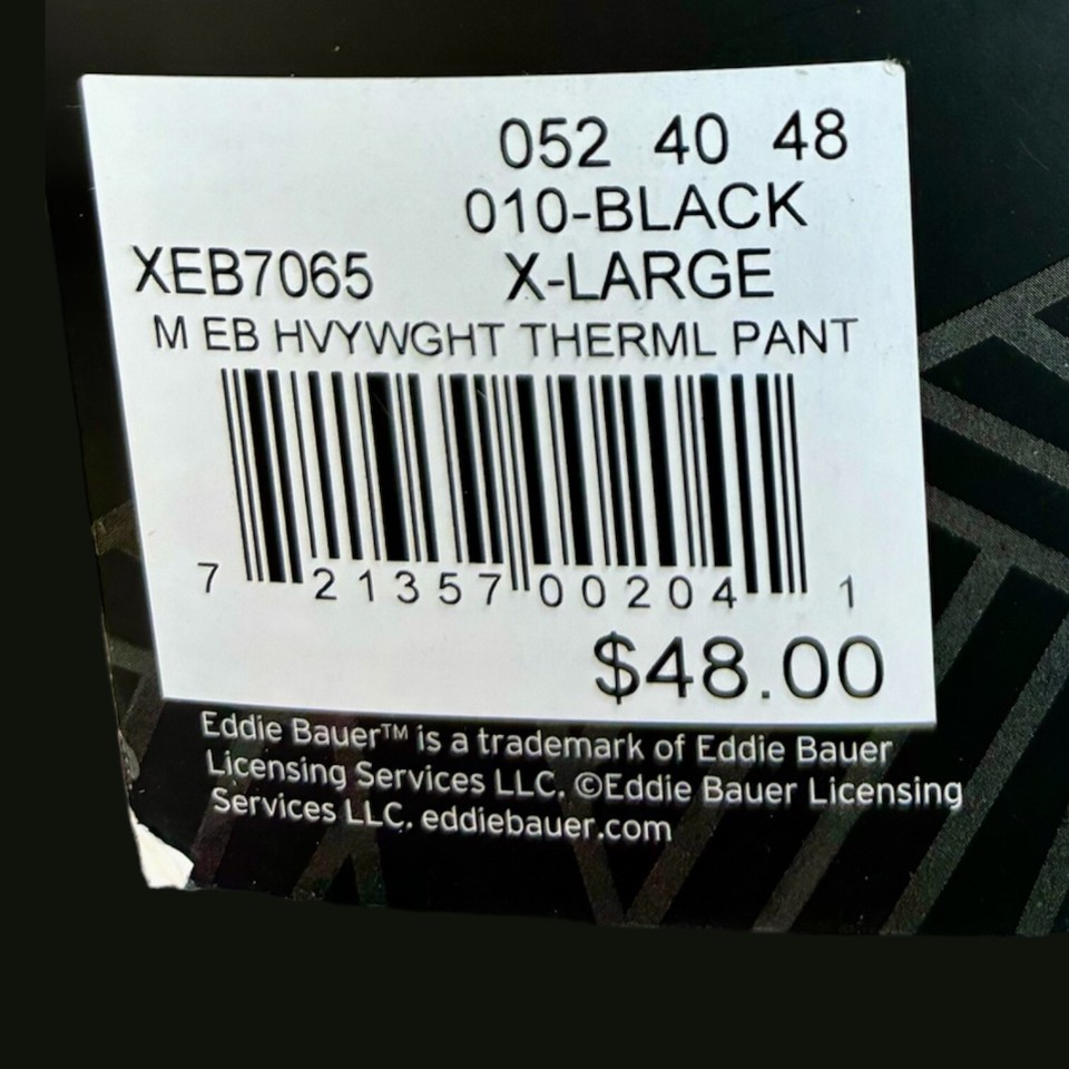 New Mens Eddie Bauer Black Pants XLarge Base Layer Heavyweight Mini