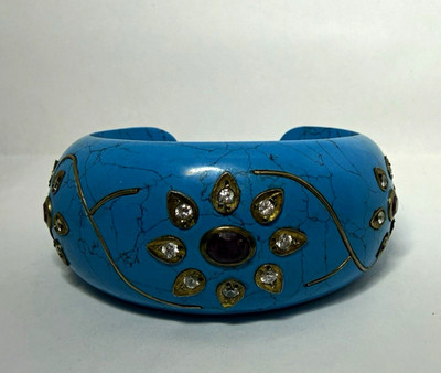 Turquoise Color Wide Cuff Bracelet Rhinestone Floral Boho Western Statement