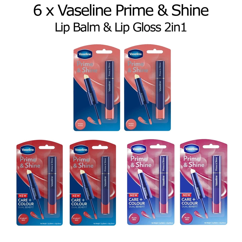 6 x Vaseline Prime & Shine Lip Balm & Lip Gloss Warm Nude Scarlet Red & Red Plum