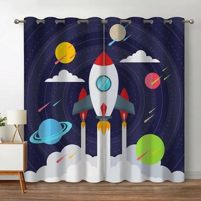 Cartoon Space Rocket Blackout Curtains for Girls Boy Home Decor, Galaxy Plane...