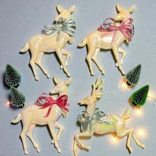 4 Vtg Iridescent Reindeer Celluloid Christmas Ornaments White Deer Wearing Bell