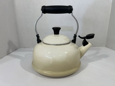 Vintage Le Creuset Whistling Tea Kettle Pot 1.7 Qt White Enamel Steel, Cream