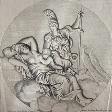 Antique Engraving Hebe, Daughter of Juno and Wife of Hercules, with Peacocks