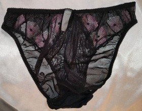 Vintage Felina Bikini Panties w Floral Embroidery Sheer Netted Black M 36