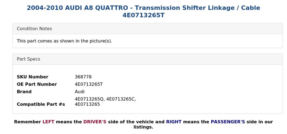 AUDI A8 QUATTRO 2004-2010 - Enlace de palanca de cambios de transmisión/cable 4E0713265T Foto 3 de 4