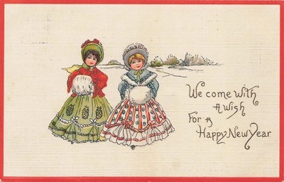 1910 Happy New Year Postcard Girls Winter Coats Embossed Printed Germany