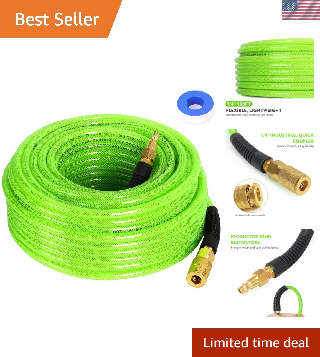 Hose 1/4 Inch X 100 Feet Reinforced Polyurethane Pu Air Hose W...