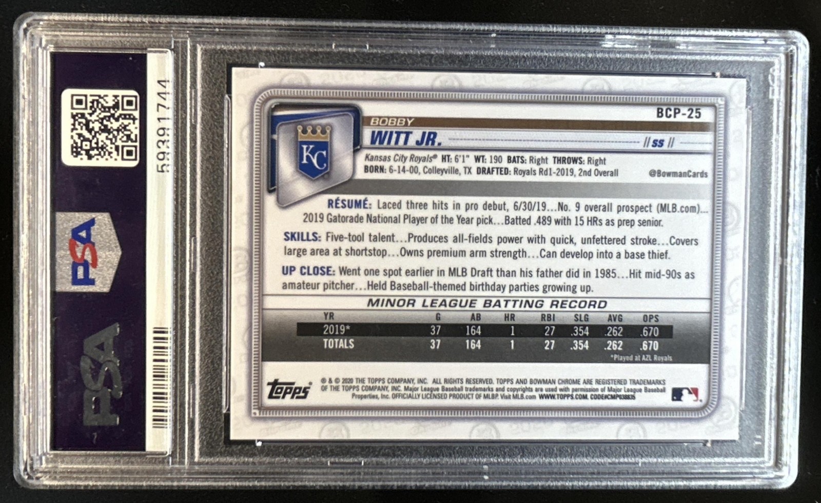 2020 Bowman Bobby Witt Jr. Chrome Prospects Mega Box Gold Refractor #/50 PSA 9 view 2
