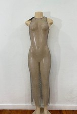 New Zara Women Beige Sleeveless Maxi Dress Semi Sheer Rhinestones & Mesh Size S