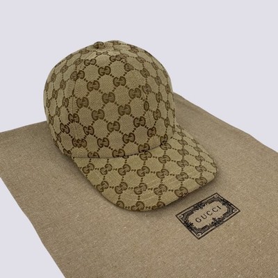 Gucci GG Monogram Logo Web Under Brim Canvas Baseball Cap Hat Beige Size M