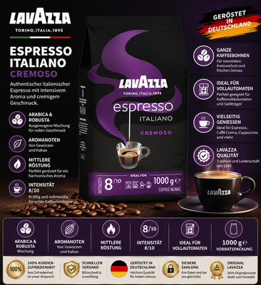 Lavazza Espresso Italiano Cremoso Kaffeebohnen 1kg Arabica Robusta Stärke 8 Medi