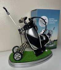 Golf Pen Holder with 3 Club Pens and Movable Golf Cart, Mini Golf Bag Desk Decor