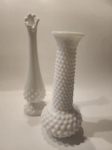 2 VTG Milk Glass Hobnail Bud Vases Brody 1 Unmarked French European Country