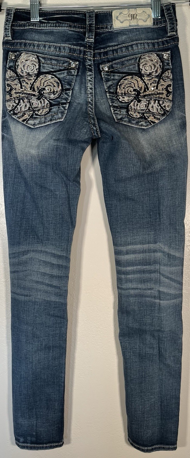 Miss Me Standard Skinny Stretch Jeans Size 25 Medium Wash Blue Embellished 28x30 image 4