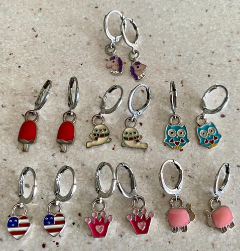 Lot of 7 Pairs Kids Girls Enamel Dangle Hoop Huggie Earrings Unicorn Owl Ghost