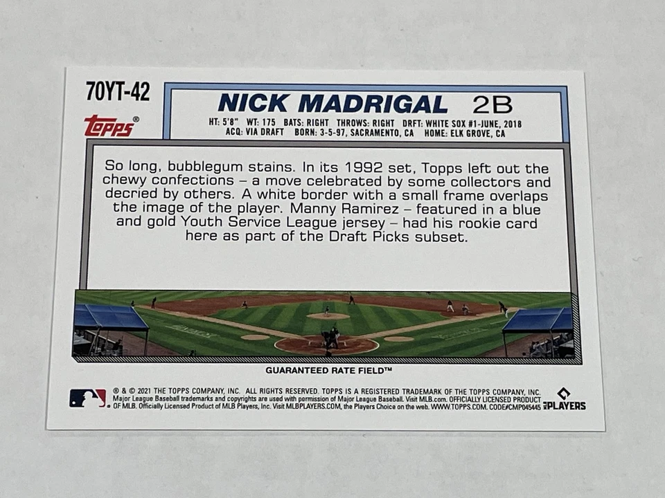 2021 Topps Baseball 70 Years of Topps - Nick Madrigal RC - Chicago White Sox - Image 2 of 2