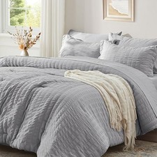 Comforter Set 7 Pieces Seersucker Bed in a Bag with Sheets, Full Light Grey