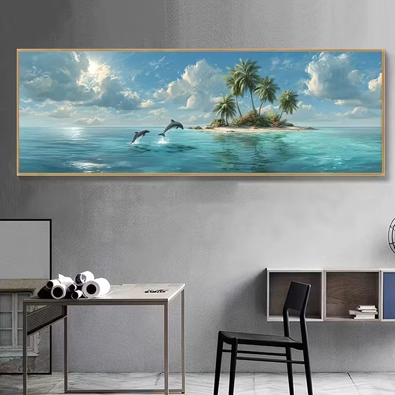 Panoramic Ocean Island with Leaping Dolphins Canvas Print Wall Art Home Decor - Image 2 of 4
