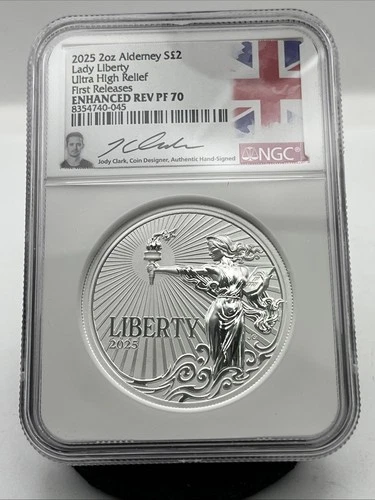 2025 Alderney Jody Clark Lady Liberty UHR 2oz Silver £2 NGC REV PF 70 FR Signed