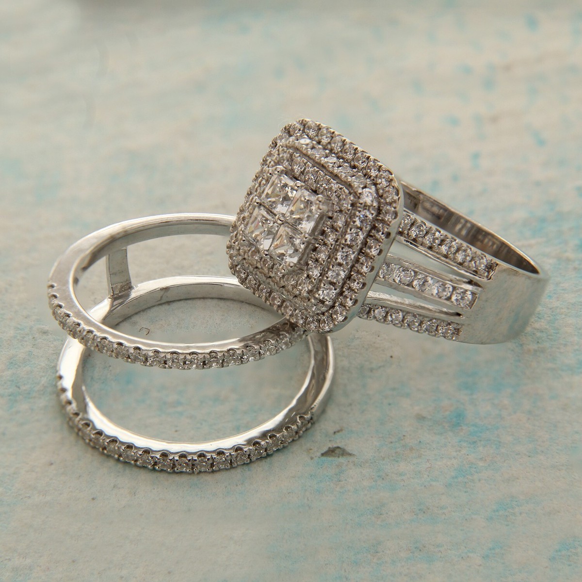 Ct Princess Cut Cubic Zirconia Halo Engagement Trio Ring Set