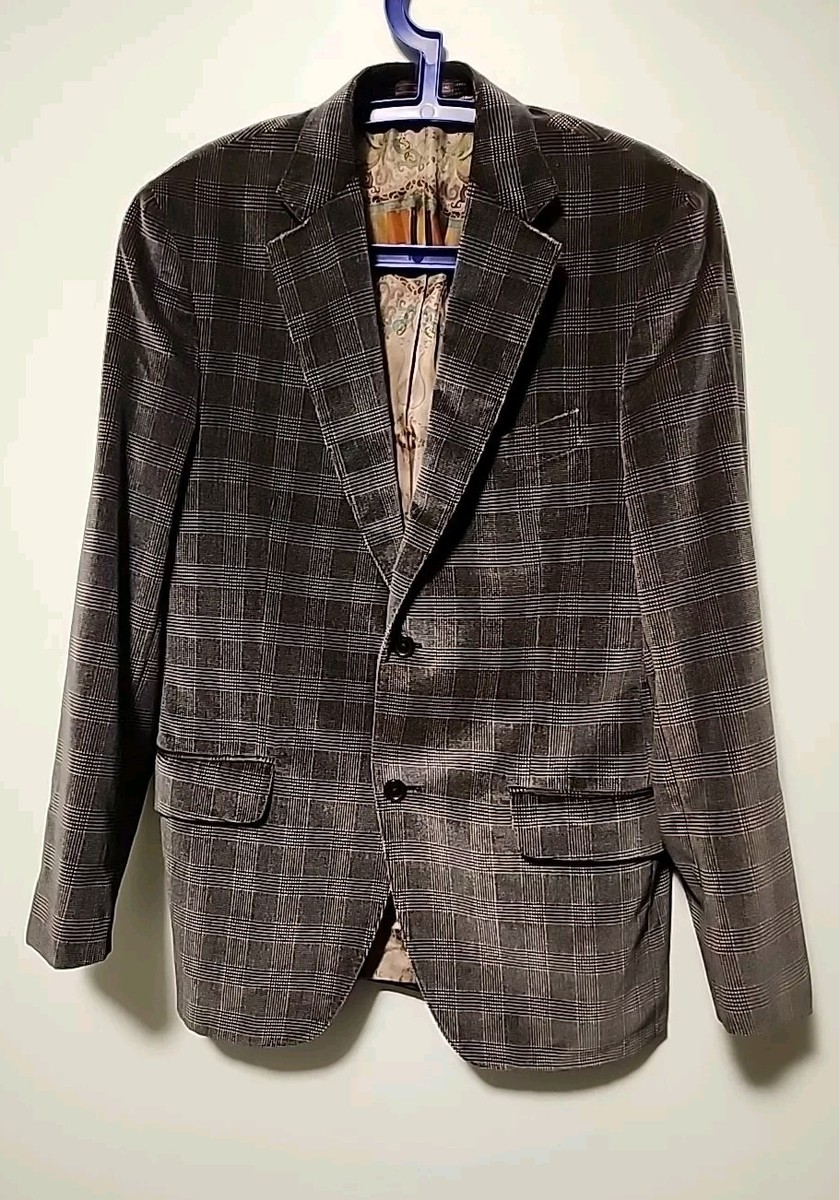 ETRO Milano Men's Gray Gingham Velvet Button Silk Lining Size IT 50 US 40