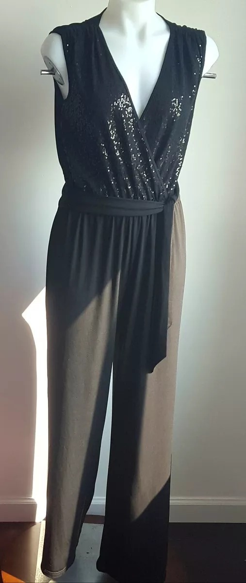 Spense 4 Jumpsuit Black Sequin Tie Belt Plunging V Neckline eBay