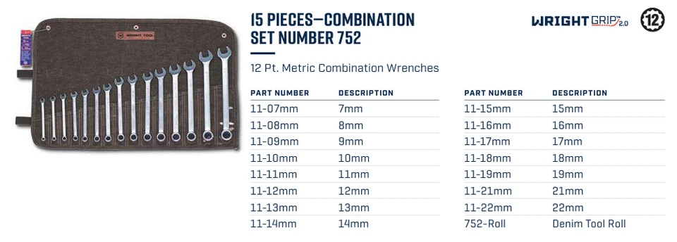 Juego de llaves combinadas Wright Tool WRIGHTGRIP® 2.0 12 puntos 15 piezas métricas 752 Foto 2 de 2
