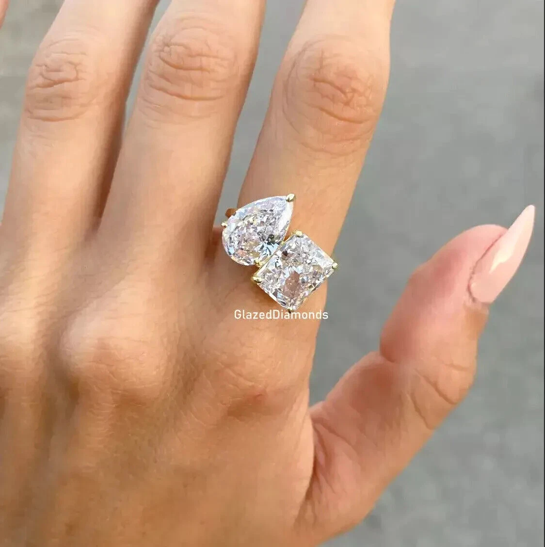 BIG Pear Radiant Cut VVS Moissanite 2 Stone Engagement Ring Gold