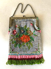 Antique Floral Motif, Beaded Purse, Plated White Metal Frame, Art Deco Period