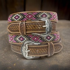 Western Beaded Belt Cowboy Rodeo Full Grain Leather Hand Tooled Removable Buckle