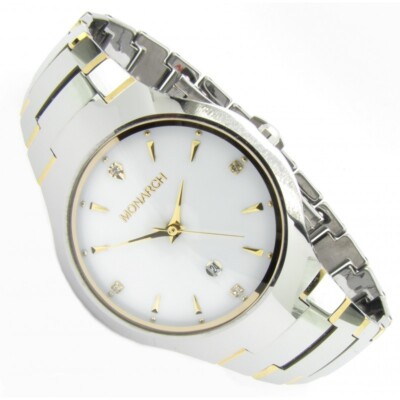 MONARCH Luxus Armbanduhr Tungsten Wolfram Karbid Datum Silber Gold Weiß 3ATM rar