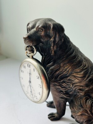 Antique Patinated Vienna Bronze Pocket Watch Holder Dog Figurine 19th  Century