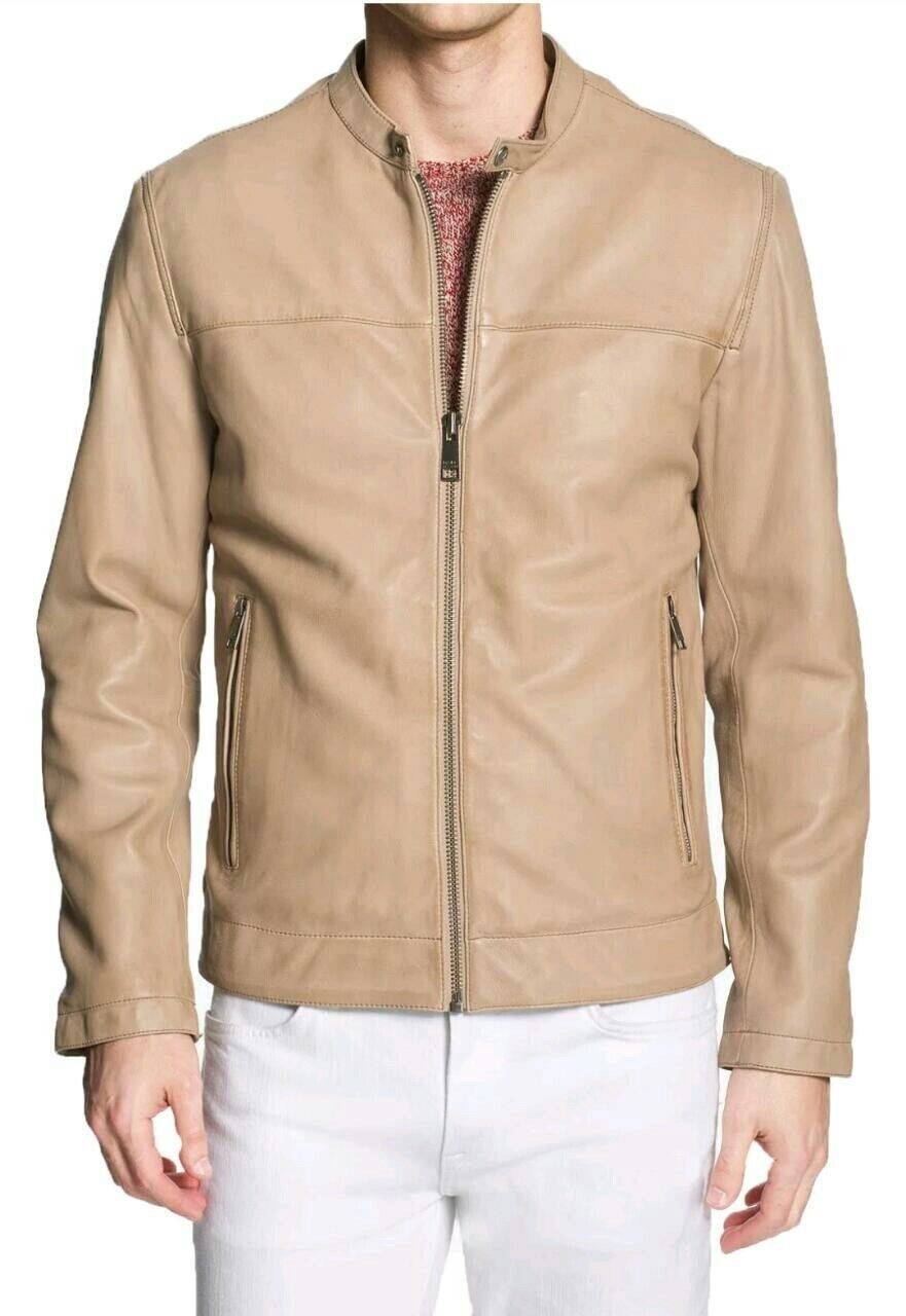 Leather Jacket Men's Biker Motorcycle Men Vintage Coat Cafe Racer Soft Beige 23-image
