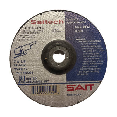 SAIT 7'' Pipeline Depressed Center Grinding Wheel Type 27 Ceramic 7/8'' Arbor