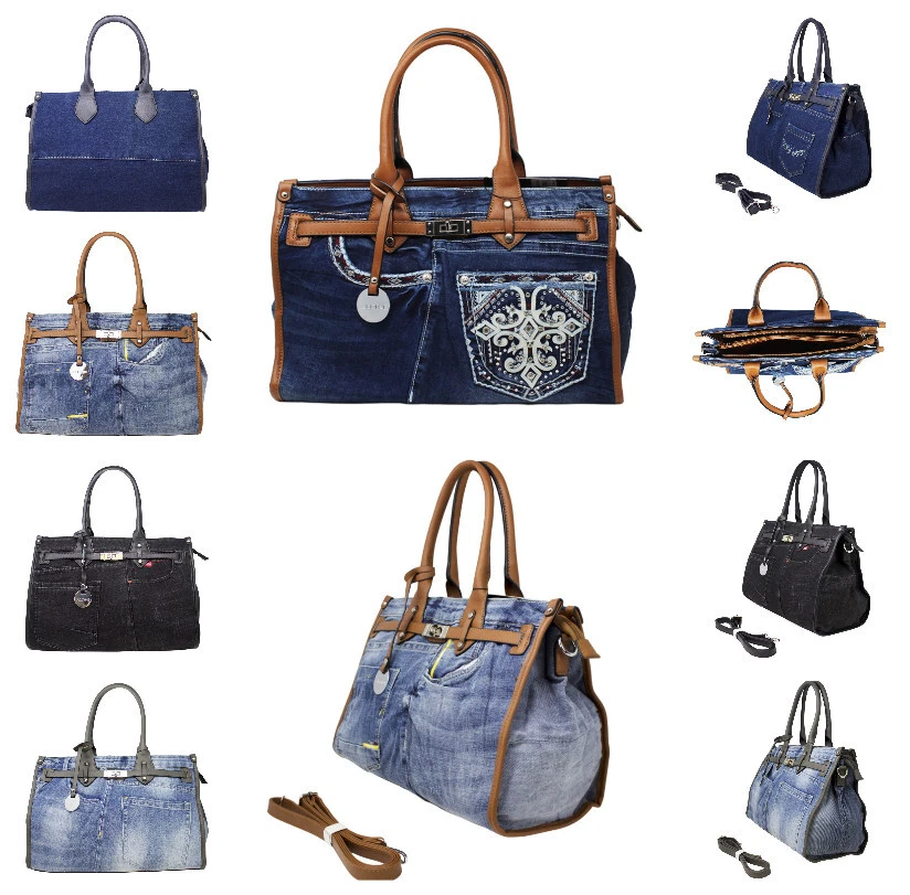 Ladies Classic Top Double Handle Contrast Denim Bag Large Zipper Handbag J8016