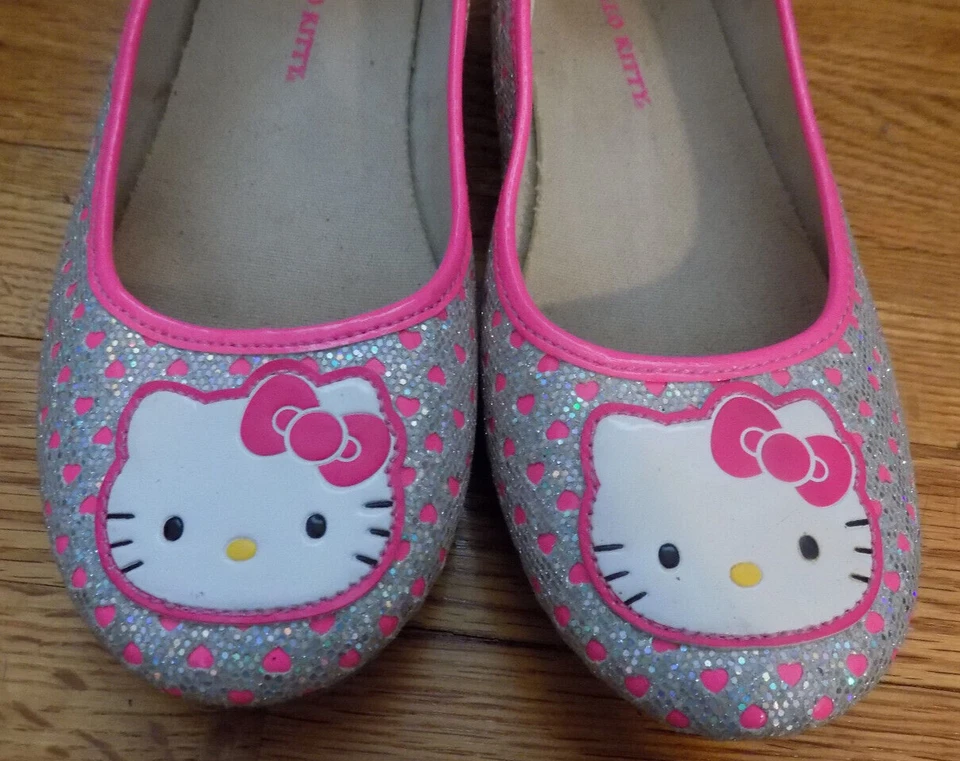 Vtg Sanrio hello kitty Face applique pink silver Hearts Ballet flats 5 wms 7 FUN - Image 3 of 4
