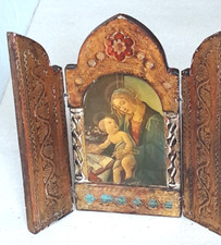 Antico Trittico Icona Sacra In Legno Stile Fiorentino
