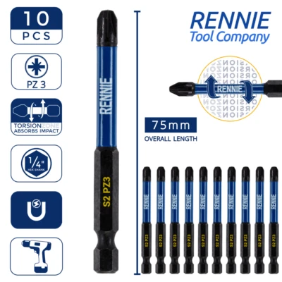 RENNIE TOOL COMAPNY 10 x PZ3 75mm Long Magnetic Impact Duty Screwdriver Drill Driver Bits Pozi NO.3
