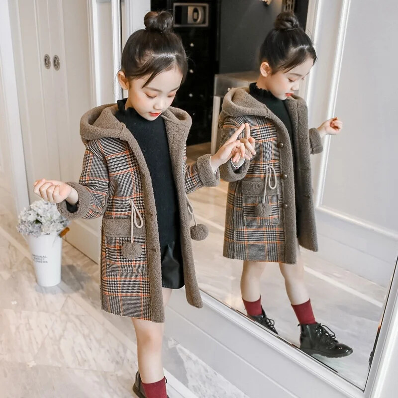 New Girls Coat Long Coat for Girls Kids Grid Pattern Warm Jacket