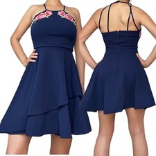 B.Darlin Halter A-Line Mini Dress Size 4 Navy Blue Floral Details Lined Stretch